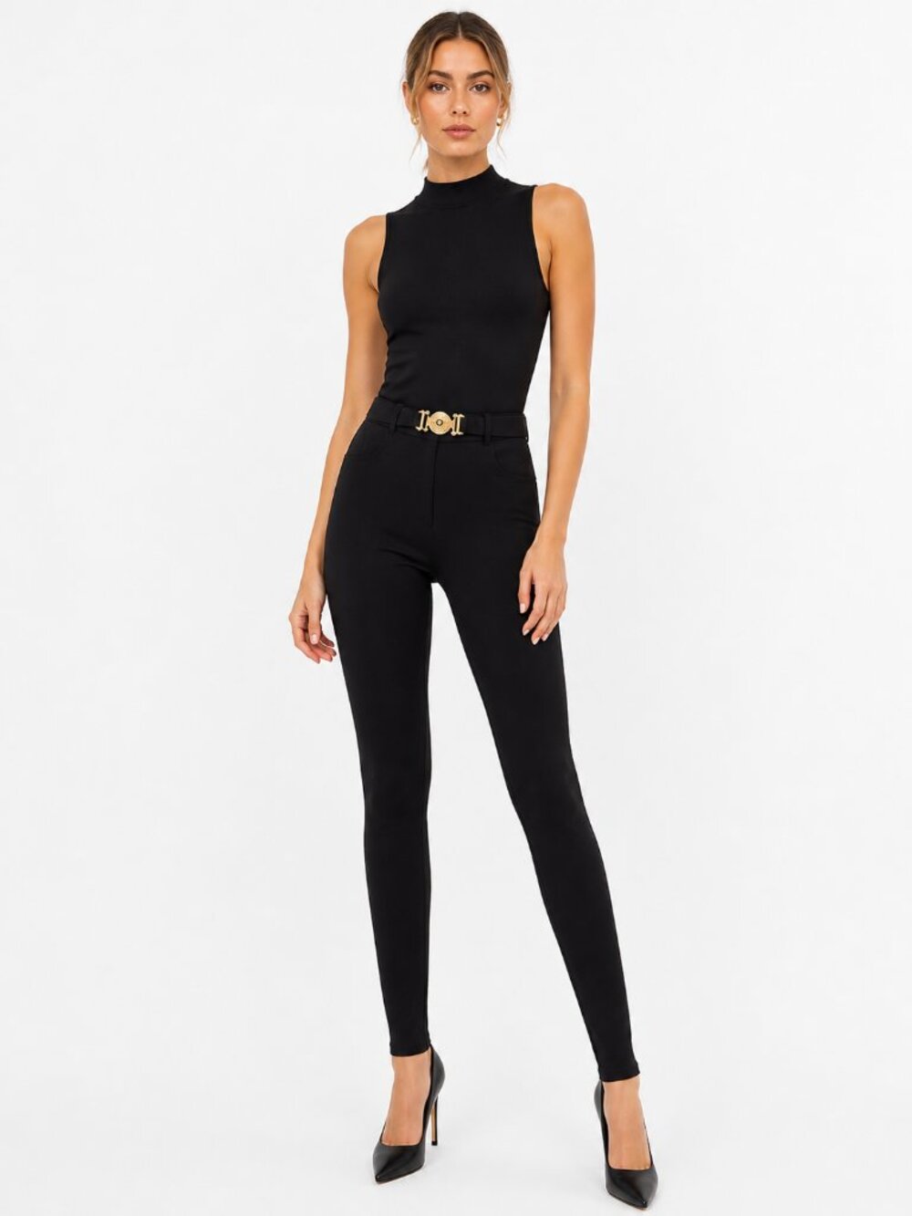 Vintage Caché Black Pants Gold Medallion Belt Stretch High Waist 90s Designer